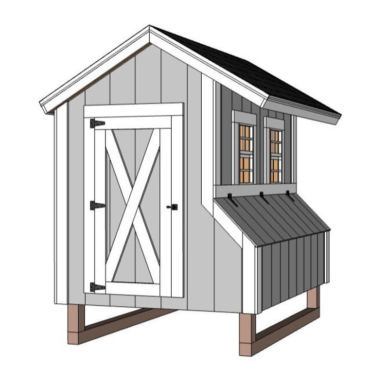 May include: A white and gray wooden chicken coop with a gabled roof, a white door with an X-shaped design, two small windows, and a nesting box. The coop is raised on wooden legs.
