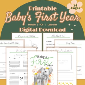 Może przedstawiać: Drukowana książka pamiątkowa dla dziecka na pierwszy rok życia z 54 stronami. Okładka przedstawia akwarelową ilustrację trzech słoni z żółtymi i pomarańczowymi plamami. Tytuł "Baby's First Year" jest napisany zielonym i białym tekstem.