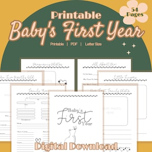 May include: Printable baby's first year memory book with 54 pages. The cover features a cute cat illustration and the text "Baby's First Year".