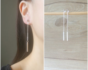 1 pair Silver dangle bar invisible resin clip on earrings, non pierced earrings, dangle & drop earrings, Minimalist earrings, gift for her