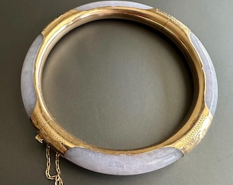 14k Yellow Gold Natural lavender Jade Bangle Bracelet