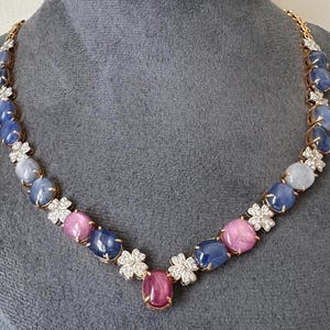 Certified Unheated Natural Burma Mogok Multicolor Star Sapphire and Natural Diamonds 19K solid Yellow Gold Statement Necklace, 18&quot; long