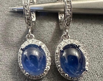 Natural Burma (Mogok) Unheated Sapphire with White CZ stones 925 Sterling Silver Earrings