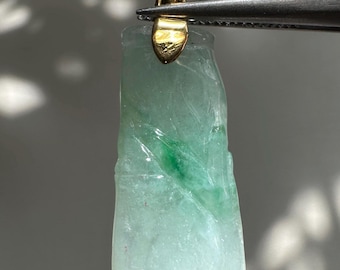 Natural Burmese Grade A Jadeite Jade Icy Light Green Col Jadeite Jade 19k Y Gold Lucky Bamboo Pendant,Measurement:32.9x11.6x3.8mm,27.4g