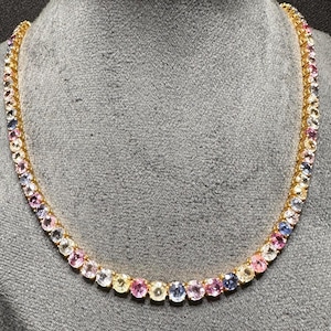 Certified Unheated Natural Burma Mogok Multicolor Sapphire 19K solid Yellow Gold Tennis Necklace, 18&quot; long
