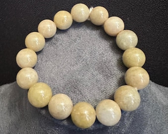 Natural Burmese Grade A Jadeite Jade light Yellow Color Beaded Bracelet, Wrist Size - 6.4in, Beads size - 12.6mm