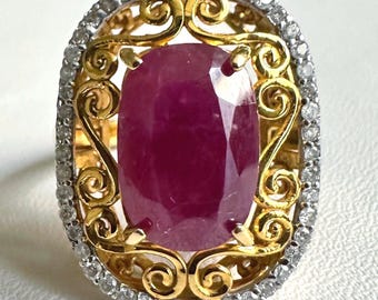 18K Solid Yellow Gold Unheated Certified 6.29cts Natural Burma(Mogok) Ruby & Natural Diamonds Ring