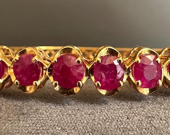 Certified Unheated Natural Burma Mogok Ruby 18k Solid Yellow Gold Jasmine Flower Bracelet Bangle, Size: 2.2 inches