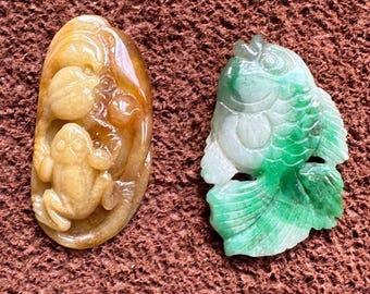 Natural Burmese Jadeite Jade Light Green Lucky Fish, Yellow Color a lucky frogs on the lotus and Healthy Ginseng