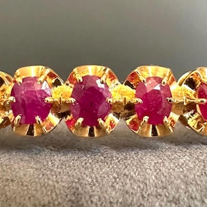 Certified Unheated Natural Burma Mogok Ruby 18k Solid Yellow Gold Lotus Flower Bracelet Bangle, Size: 2.2 inches
