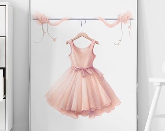 Watercolor Pink Dress, Nursery Wall Art, Ballerina Dress Art, Printable Digital Download