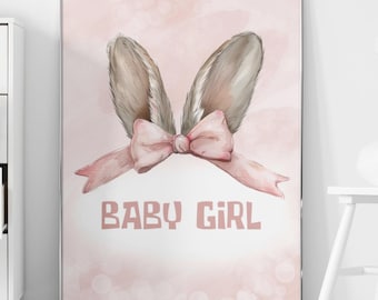 Pink Bunny Ears Nursery Art, Nursery Wall Art, Baby Girl Wall Art, Printable Digital Download