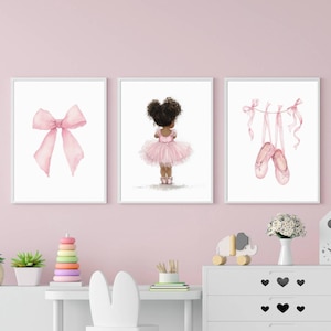 Black Ballerina Nursery Wall Art | African American Ballet Prints for Girls Room | Pink Baby Girl Nursery Decor | Digital Download Set