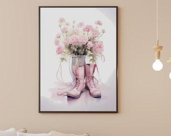 Pink Roses in Boots Watercolor Art, Printable Wall Art, Floral Boot Art, Flower Vase Art, Instant Digital Download