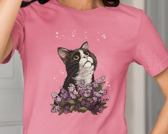 Black and White Cat T-Shirt | Whimsical Floral Graphic Tee