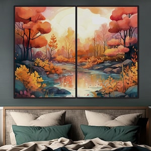 Conjunto de 2 impresiones digitales / Póster de otoño / Arte de acuarela / Arte de pared de habitación / Decoración de dormitorio / Decoración de sala de estar / Bosque / Paisaje de otoño