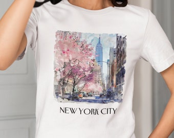 NYC Cherry Blossom T-Shirt | Watercolor New York Skyline Graphic Tee