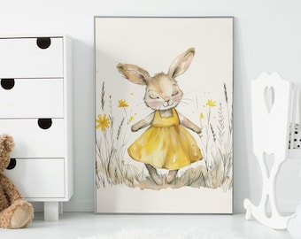 Bunny Watercolor Print | Rabbit in Yellow Dress (Digital Download)
