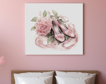 Pink Shoes Rose Watercolor Art, Printable Wall Art, Ballet Shoes Art, Floral Wall Art, Instant Digital Download