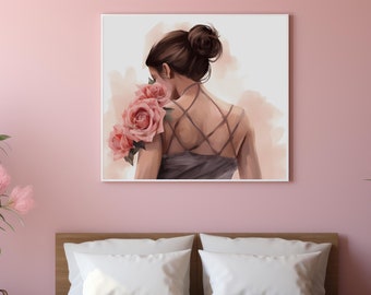 Girl with Roses Watercolor Art, Printable Wall Art, Ballet Art, Floral Art, Instant Digital Download