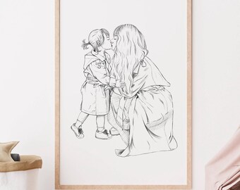 Mother Daughter Line Art Print | Minimalist Nursery Wall Decor | Gift for Mom