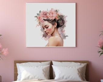 Watercolor Girl with Roses, Printable Wall Art, Wall Art, Floral Art, Instant Digital Download