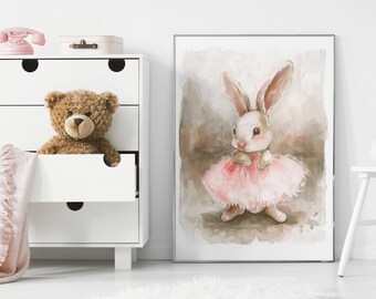 Bunny in Tutu Watercolor, Nursery Wall Art, Digital Poster, Bunny Art Print, Printable Digital Download