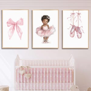 Ballerina Nursery Wall Art Set of 3, African American Girl Ballet Prints, Pink Watercolor Baby Girl Room Decor, Digital Download Printable