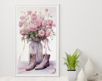 Watercolor Roses and Boots Art, Printable Wall Art, Floral Boot Art, Flower Vase Art, Instant Digital Download