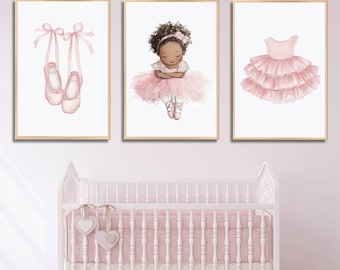 African American Ballerina Nursery Art Prints, Pink Ballet Decor (Digital Download)