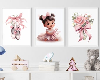 Watercolor Ballerina Nursery Art Set – Pink Ballet Shoes & Flowers (Digital Download)