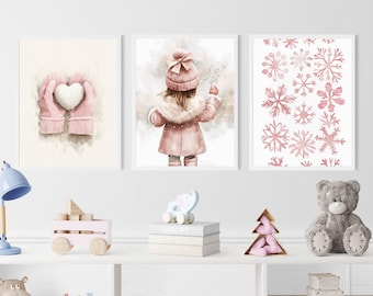 Winter Nursery Watercolor Print Set | Pink Snowflake Art (Digital Download)