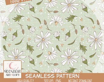Daisy Flowers Seamless Pattern, Floral Design on Green for Fabric and Apparel