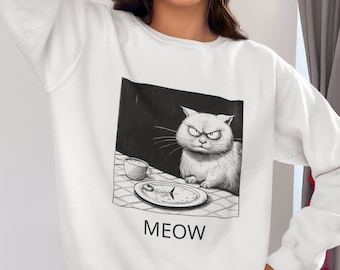 Felpa divertente con gatto scontroso / Felpa girocollo unisex in misto cotone