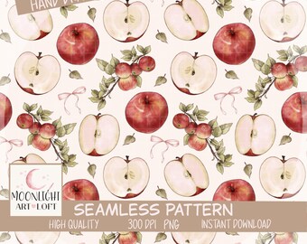 Watercolor Apple Seamless Pattern on Cream with Pink Bows for Fabric & Apparel