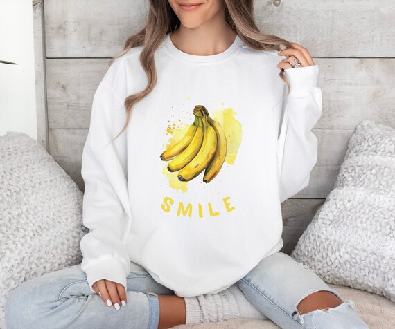 Banana Smile Sweatshirt Cute Fruit Graphic Pullover Trendy Positive  Vibes Sweater Fun Casual Outfit Cozy Fall Fashion Gift for Her