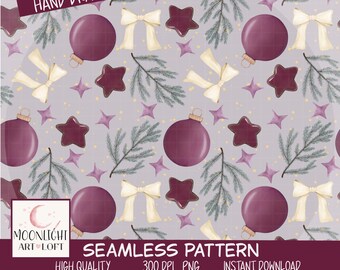 Watercolor Christmas Seamless Pattern, Burgundy Ornaments and Bows for Fabric and Apparel