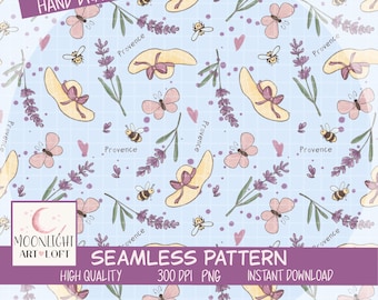 Lavender Bee Seamless Pattern, Provence Floral Design on Blue for Fabric and Apparel