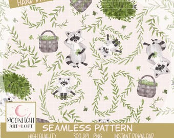 Watercolor Raccoon Seamless Pattern, Woodland Animal Design on Cream for Fabric and Apparel
