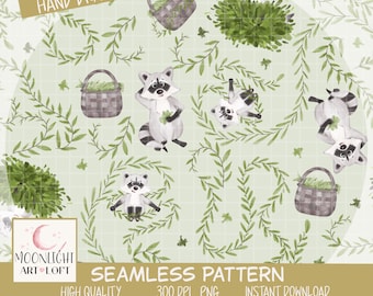 Watercolor Raccoon Seamless Pattern, Woodland Animal Design on Green for Fabric and Apparel