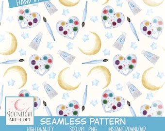 Watercolor Celestial Seamless Pattern, Blue Stars and Yellow Moon Design for Fabric and Apparel