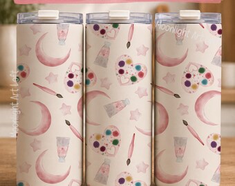 Watercolor Artist Tumbler Wrap PNG, 20oz Skinny Tumbler Sublimation, Pink Moon and Stars Design