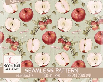 Watercolor Apple Seamless Pattern on Sage Green with Pink Bows for Fabric & Apparel