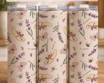 Lavender Bee Tumbler Wrap PNG, 20oz Skinny Tumbler Sublimation, Cream Provence Design