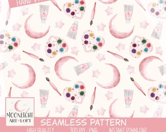 Watercolor Artist Seamless Pattern, Pink Moon and Stars Design for Fabric and Apparel