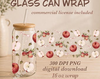 Watercolor Apple Glass Can Wrap with Pink Bows, 16oz & 20oz Digital PNG