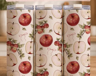 Watercolor Apple Tumbler Wrap with Pink Bows, Cream 20oz Skinny Tumbler PNG, Digital Download