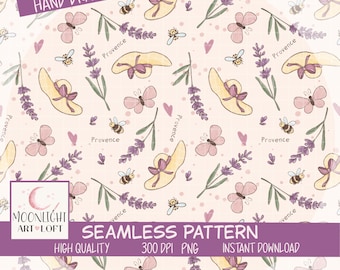 Lavender Bee Seamless Pattern, Provence Floral Design on Cream for Fabric and Apparel