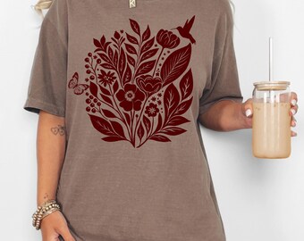 Linocut Flower Shirt Cottage Core Style Comfort Colors Tee Vintage Inspired Floral Top Boho Gift for Her