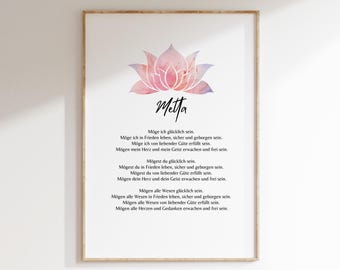 May include: A framed print featuring a pink and purple lotus flower illustration above the word "Metta" in cursive. The print contains German text, likely a meditation or affirmation, in a clean, minimalist style.